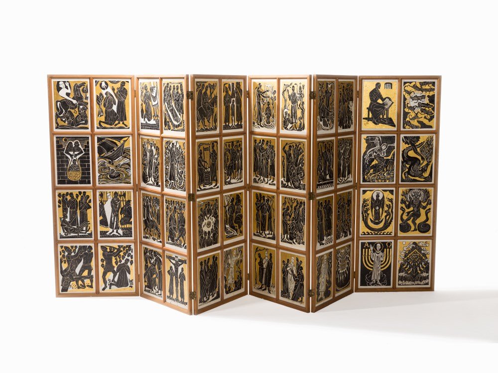Egon Stolterfoht, Altar with Biblical Scenes, c. 1970: Oak, black and white paint with leaf gold over pencil Germany, c. 1970 Egon Stolterfoht (1912-1986) – German painter, graphic artist and sculptor Total dimensions: 150.7 x 342 cm Good condition Coll