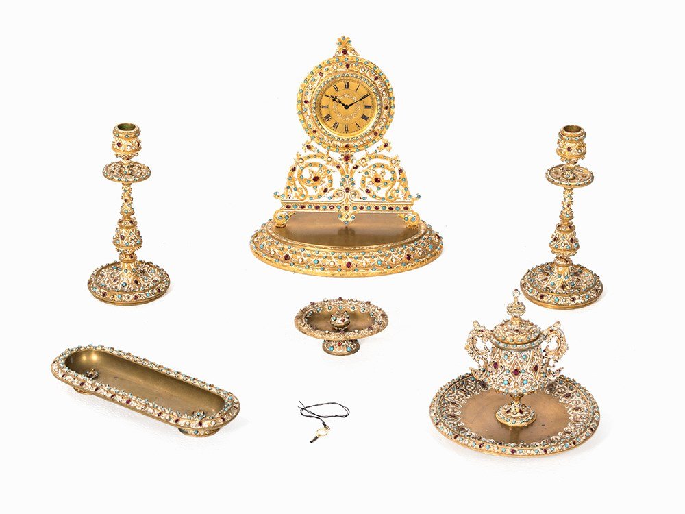 Inkstand with table Bronze with Clock, Pearl, c. 1900 (1 of 10)