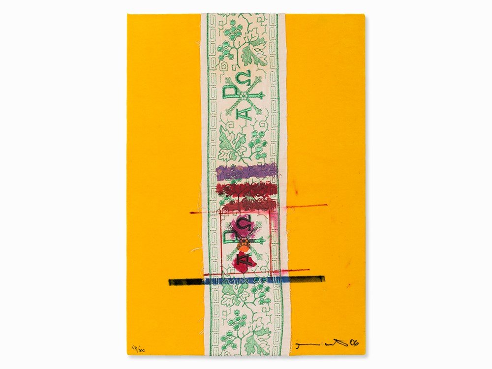 Hermann Nitsch (born 1938), Collage, Multiple #44, 2006: Collage mit Acrylic and felt pen over parament braid on velvet, laid down on cardboard Austria, 2006 Hermann Nitsch (born 1938) – Austrian painter and action artist Signed and dated lower right with