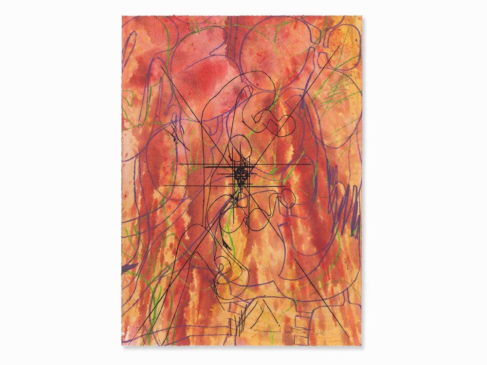 Hermann Nitsch, Abstract Etching, Austria, 2012: Etching on hand-painted paper Austria, 2012 Hermann Nitsch (born 1938) - Austrian painter and performance artist Signed lower right and inscribed lower left ’E/A’ Hand signed Artist’s proof etch