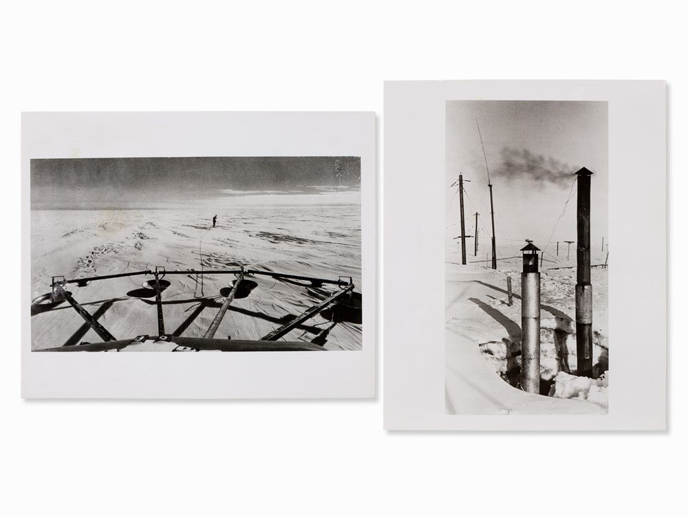 Emil Schulthess, 2 Photos, Antarctica–White Continent,: 2 Vintage gelatin silver prints on resin-coated paper Antarctica, around 1958, printed in 1963 Emil Schulthess (1913-1996) – Swiss photographer Verso with typewritten labels informing about an exhib