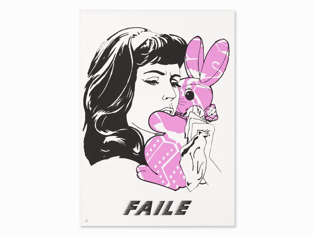 FAILE, Bunny Girl, Serigraph in Colors, 2003: Serigraph in colors on cardboard USA, 2003 FAILE – Artist duo founded in 1999 by Patrick McNeil (b. 1975) and Patrick Miller (b. 1976) With the blindstamp for the artist duo ‘Faile +UK+’ and num