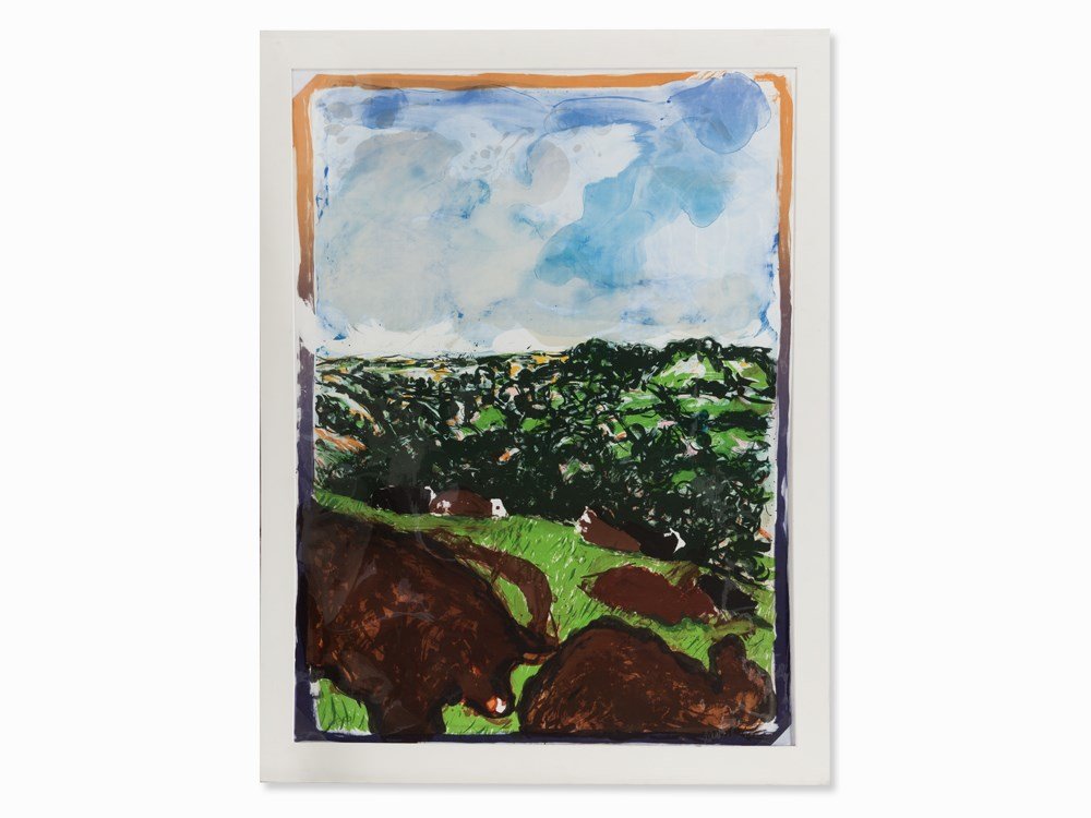 Malcolm Morley, Devonshire Bullocks, Color Lithograph,: Lithograph in colors on laid paper ‘Rives BFK’ USA, 1982 Malcolm Morley (b. 1931) – British painter, draftsman and sculptor, lives and works in the US Signed ‘Malcolm Morley’ and numbered ��