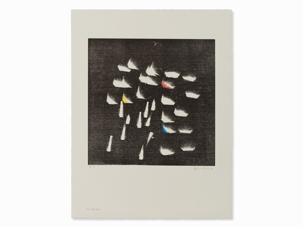 Hans Hartung, Komposition, Woodcut and Pochoir, 1973: Woodcut an pochoir on wove paper ‚BFK Rives‘ (watermark) Germany/Switzerland, 1973 Hans Hartung (1904-1989) - German-French painter and graphic artist Signed ‘Hartung’ and inscribed ‘H.C.’
