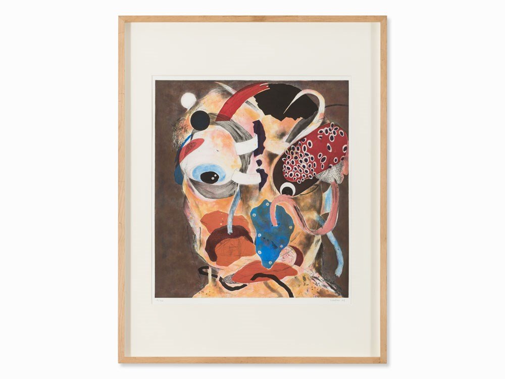 Ahmed Alsoudani (b. 1975), Portrait, Aquatint in: Spit bite aquatint in colors USA, 2008 Ahmed Alsoudani (b. 1975) – US-American painter, living in Berlin-Kreuzberg since 2009 Signed and dated ‘Soudani 08’ as well as numbered ‘12/30’ in pen