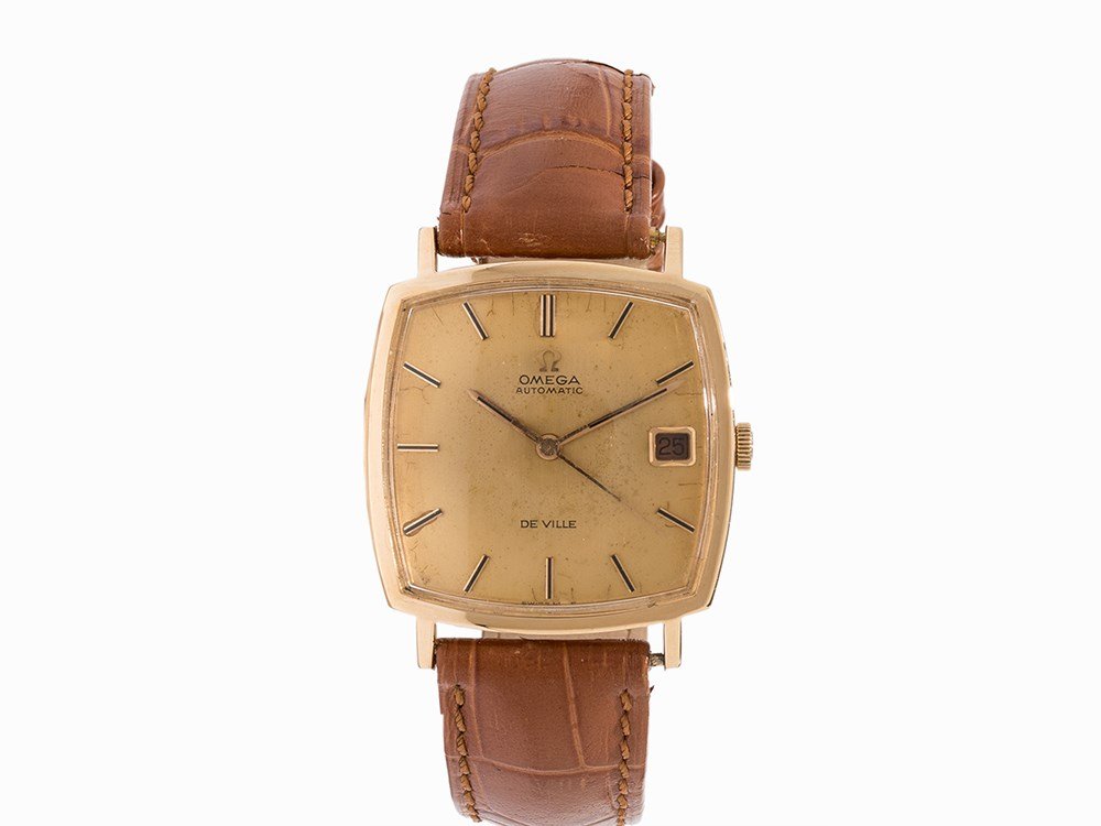 Omega De Ville Gold Wristwatch, Switzerland, c. 1960: Omega De Ville gold wristwatch Switzerland, c. 1960 Automatic movement, hour, minute, second, date Gold dial, gold hands Watch case of 18K gold Brown calfskin leather strap with pin buckle Watch case