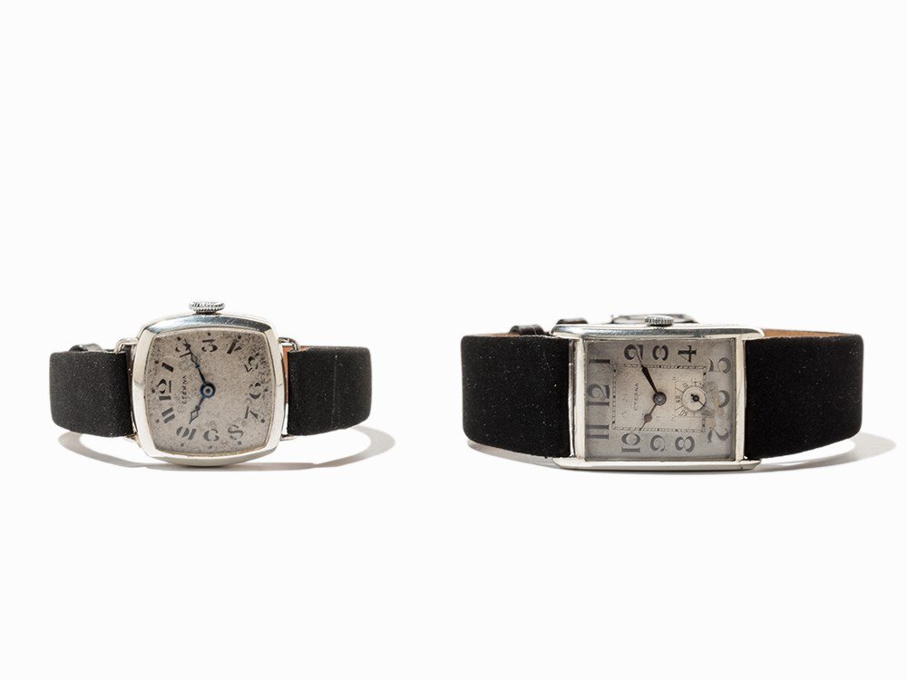 Eterna SA, 2 Wristwatches of 935 Silver, Switzerland,: Eterna SA, two tank wristwatches Switzerland, 1918 and 1935 Manual wind movements; hour, minute, subsidiary second Silver colored dials, blued hands, Arabic indices, 1x Chemin-de-fer chapter ring Watc