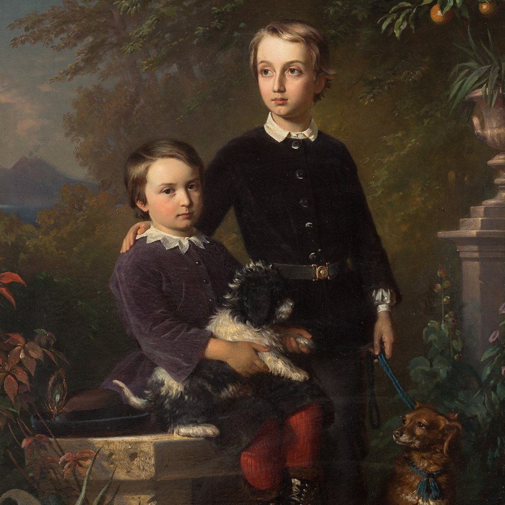 A Portrait of Two Boys with a Dog, Germany, 1861: Oil on canvas, relined Germany, 1861 Indistinct signature ‘Hel[...?] G[...?]’ and date ‘August 1861’ on the bench Dimensions: 75 x 50.5 cm Mounted in gilt profile frame: 83.5 x 59 cm Very good