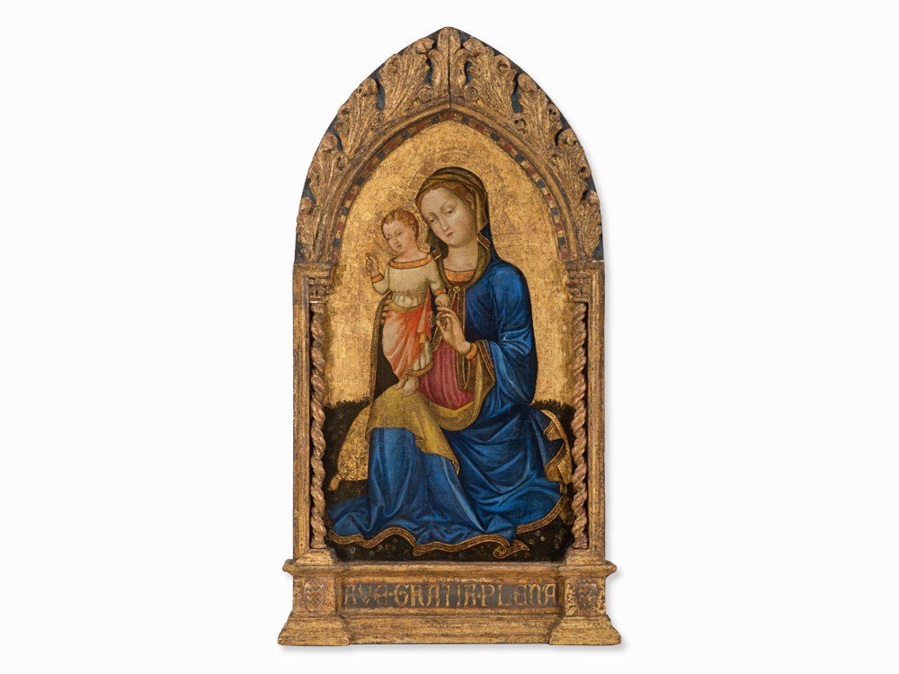 Venetian School, Madonna dell'Umiltà, (after Bellini),: Oil with gold accents and gold background on panel Venice, Italy, c. 1450 Venetian School Compositionally inspired by a panel by Jacopo Bellini (c. 1400-1470/71), now in the Musée de Louvre, Paris Di