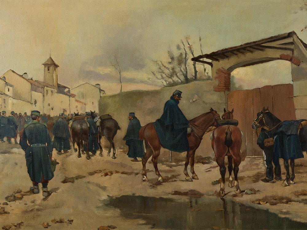 Josep Cusachs (1851-1908), Retreating Troops, Last Q.: Oil on canvas Spain, last quarter of the 19th century Josep Cusachs (1851-1908) - Catalonian painter and soldier Signed lower right ‘J. Cusachs’ Verso a label of the restoration workshop Barrachin