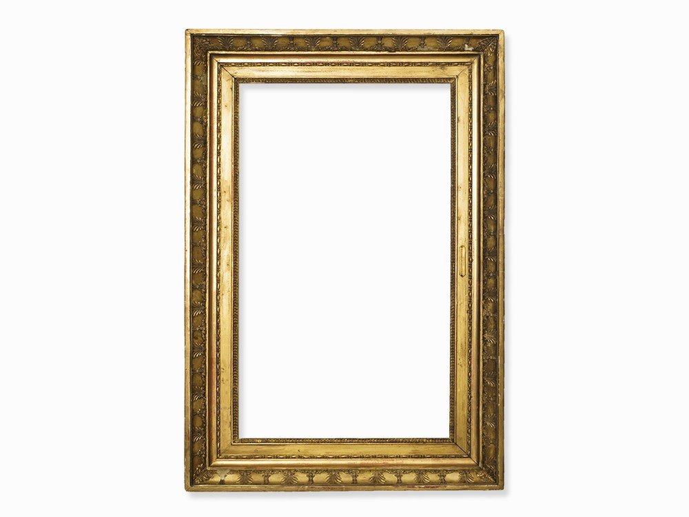 A Neoclassical Frame with Anthemia, pres. France, 19th: Gilt wood, stuccoed Presumably France, 19th century An ornamental neoclassical frame of rectangular format Numerous decorative trims derived from antique architecture, comprising bead and reel as well