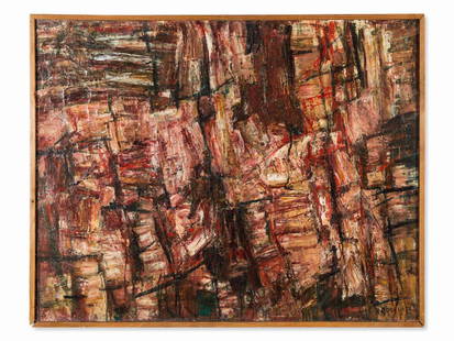 Wilfrid Moser (1914-1997), Composition in Red,: Oil on canvas France, 1959 Wilfrid Moser (1914-1997) – Swiss painter and sculptor Signed and dated ‘Moser 59’ lower right, once again signed ‘MOSER’ on the reverse Dimensions: 73 x 92 cm Wit