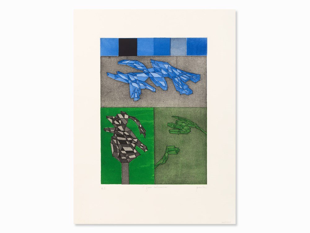 Achille Perilli, Il Gran Calmucco, Aquatint in Colors,: Aquatint in colors on paper Italy, 1965 Achille Perilli (born 1927) – Italian painter and graphic artist Signed ‘Perelli’ and numbered/inscribed Sheet 6 from the portfolio Europäische Graphik V