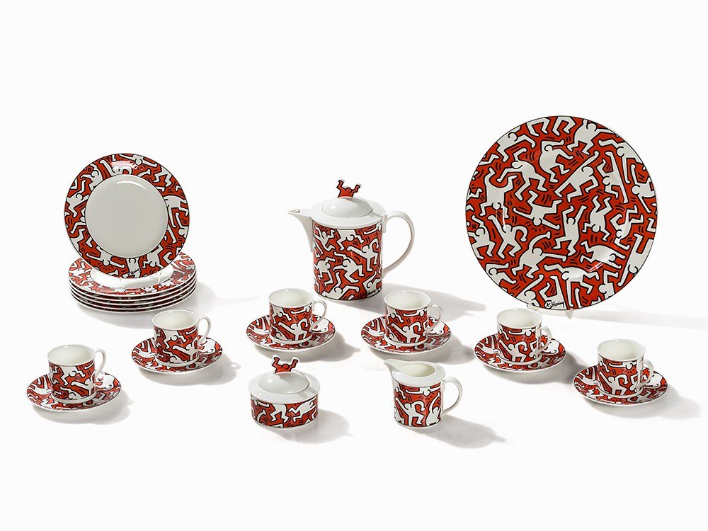 Keith Haring, A Piece of Art, Villeroy & Boch, Service,: Bone China porcelain with white glaze and polychrome printed decoration USA, 1991 22-piece breakfast service for 6 people Design: Keith Haring (1958-1990) – US-American painter, draftsman and sculpt