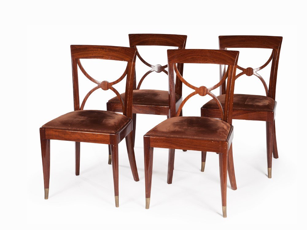 De Coene Frres, 4 Chairs of Mahogany, Belgium, c. 1940: Mahogany, metal Belgium, around 1940 De Coene Frres (1888-1977) – Belgium art atelier from Kortrijk Front feet with metal fittings Upholstered seat Overall dimensions: 86 x 47 x 44 cm (height x widt