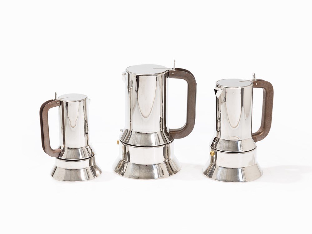 Richard Sapper, 3 Espresso Coffee Makers 9090, Alessi,: Stainless steel, mirror polished; matted metal handles Italy, 1979; later execution Design: Richard Sapper (b. 1932) – German industrial designer Manufactured: Alessi – Italian design manufactory,