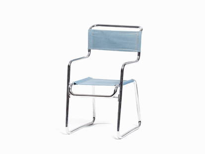 Karel Ort, Cantilever Armchair, Hynek Gottwald, Czech,: Chrome plated steel and light blue Eisengarn fabric Czech Republic, 1930; manufactured in the 1930s Karel Ort (1881-1936) - Czech designer Hynek Gottwald, Usti nad Orlici, Czech Republic Based on a de