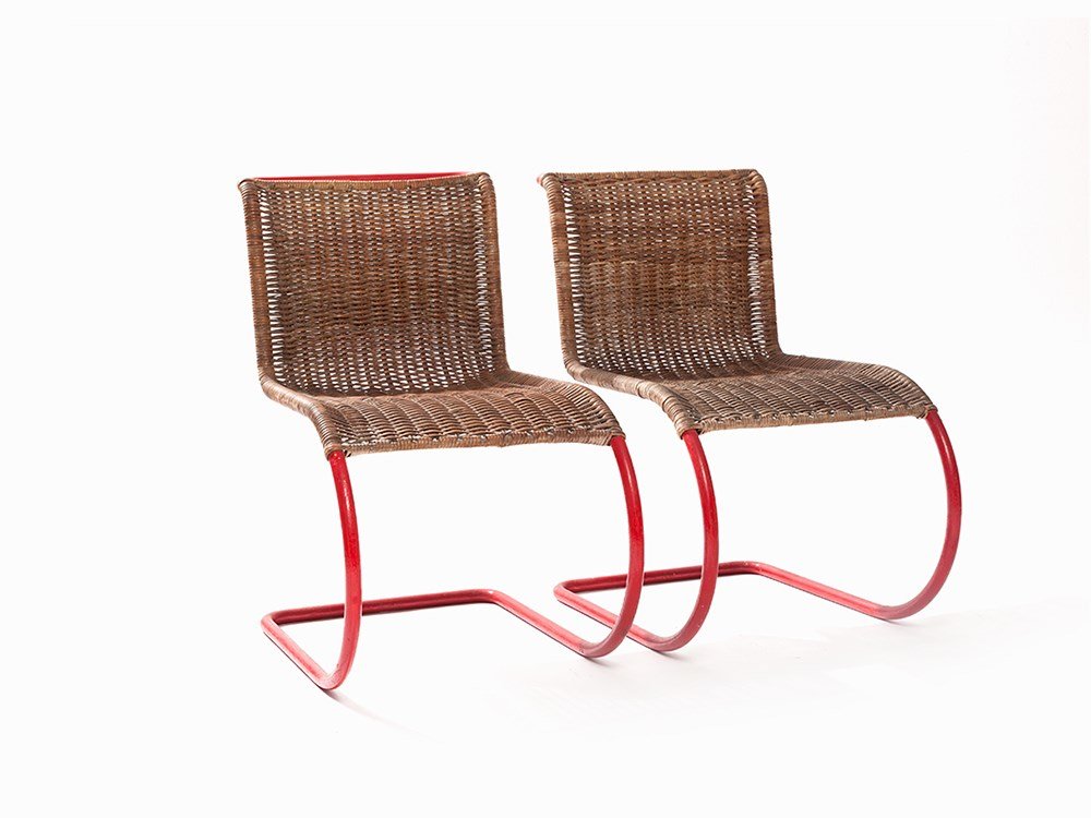 L. Mies van der Rohe, 2 Weißenhof Chairs MR10, Thonet,: Tubular steel, red lacquered; natural wickerwork, dark brown stained Germany, 1927 Design: Ludwig Mies van der Rohe (1886-1969) – German architect and designer Execution: c. 1931, Thonet (est. 1819)