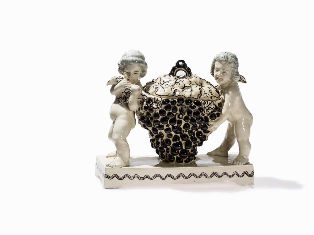 Carl Klimt, Centrepiece Grape Carriers, Bernhard Bloch,: Ceramic, painted and glazed Germany, c. 1915 Design: Carl Klimt (1876-1945) – German ceramist, modeler and sculptor Manufactory: Bernhard Bloch, Porzellan-, Ofen- und Terrakottafabriken, Eichwald Un