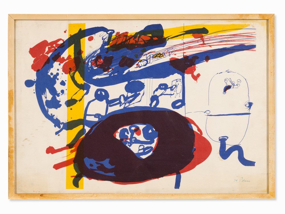 Heimrad Prem, Lithograph in Colors, Casa, 1966: Lithograph in colors on wove paper Germany 1966 Heimrad Prem (1934-1978) – German painter Signed lower right in ball pen ‘H. Prem’ Abstract composition with indicated figures In wood frame Sheet