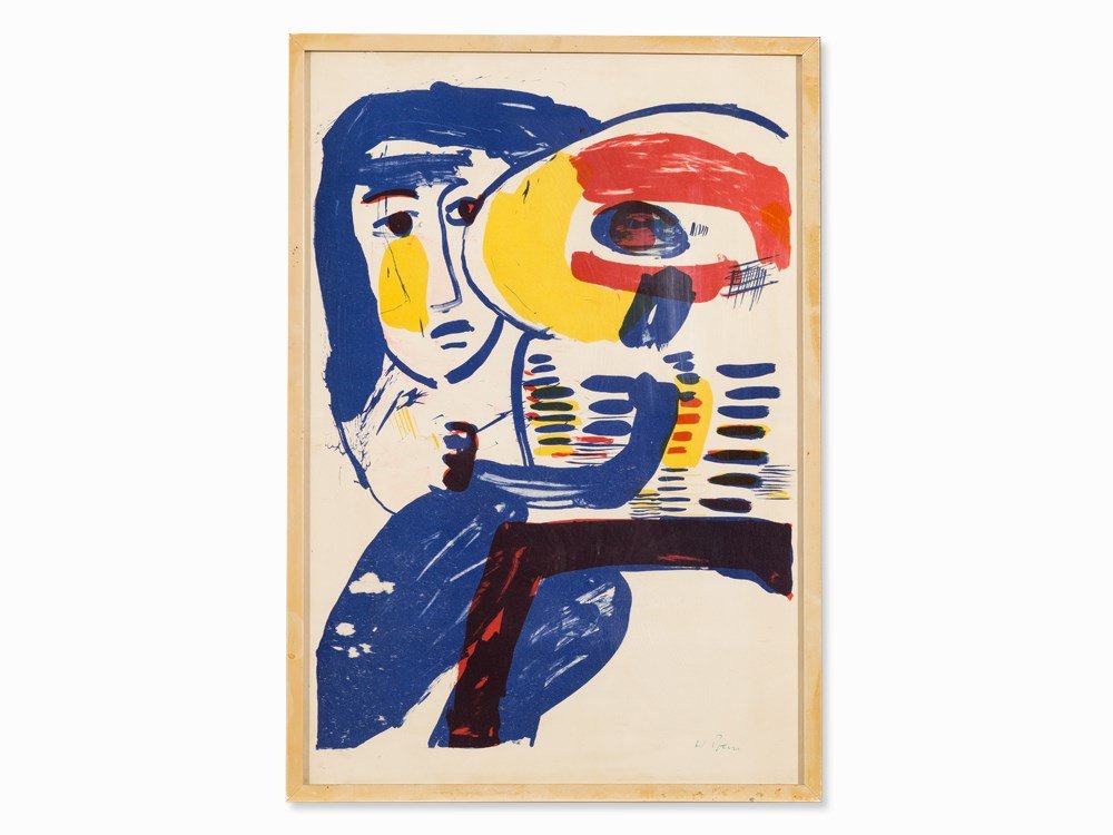 Heimrad Prem, Lithograph in Colors, Two Figures, 1966: Lithograph in colors on wove paper Germany 1966 Heimrad Prem (1934-1978) – German painter Signed lower right in ballpen ‘H. Prem’ Abstract composition with female figure In wood frame Sheet size