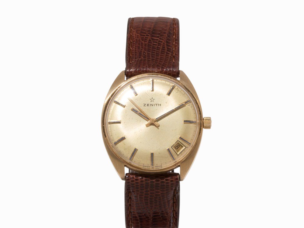 Zenith Gold Wristwatch, Switzerland, c. 1970: Zenith gold wristwatch Switzerland, c. 1970 Manual wind movement, calibre 2562C; 17 jewel,s hour, minute, second, date Gold dial, gold hands Watch case of 18K gold Brown lizard leather strap with pin