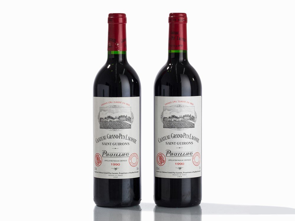 2 Bottles 1990 Château Grand-Puy-Lacoste, Pauillac: Two bottles of Château Grand-Puy-Lacoste 1990 vintage Pauillac, Bordeaux/France Original filling quantity: 0.75 l Fill level: into neck Robert Parker (2009): 96/100 James Suckling (2000): 95/100 Ren�