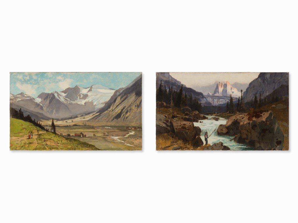 Karl Heffner (1849-1925), Pair of Alpine Landscapes,: Oil on wood Germany, 1875 Karl Heffner (1849-1925) – Munich landscape painter Each signed, inscribed and dated lower right ‘K. Heffner Mnchen 75’ The reverse with old label remains Dimensions: