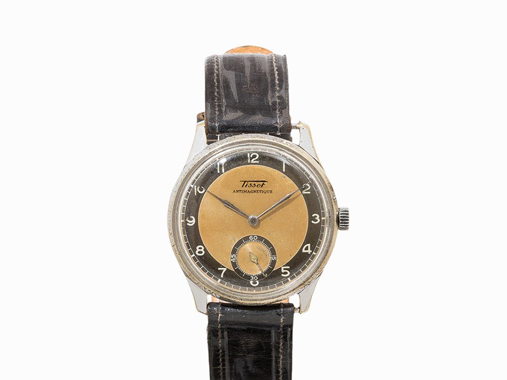 Tissot Vintage Wristwatch, Switzerland, c. 1969: Tissot vintage wristwatch Switzerland, c. 1969 Manual wind movement, calibre 27; hour, minute, subsidiary second Gold dial, silver hands Watch case of stainless steel Grey calfskin leather strap with
