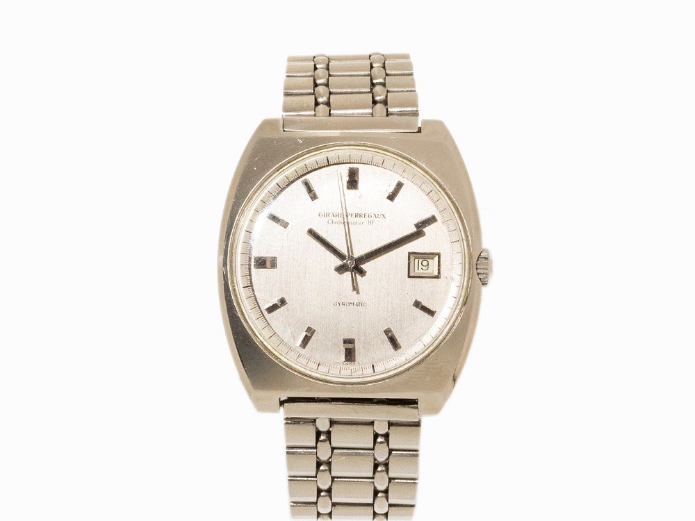Girard Perregaux Gyromatic, Switzerland, C. 1960: Girard Perregaux Gyromatic wristwatch Switzerland, c. 1960 Automatic movement; 39 jewels, hour, minute, second, date Silver dial, silver hands Watch case, original strap and folding clasp of stainless