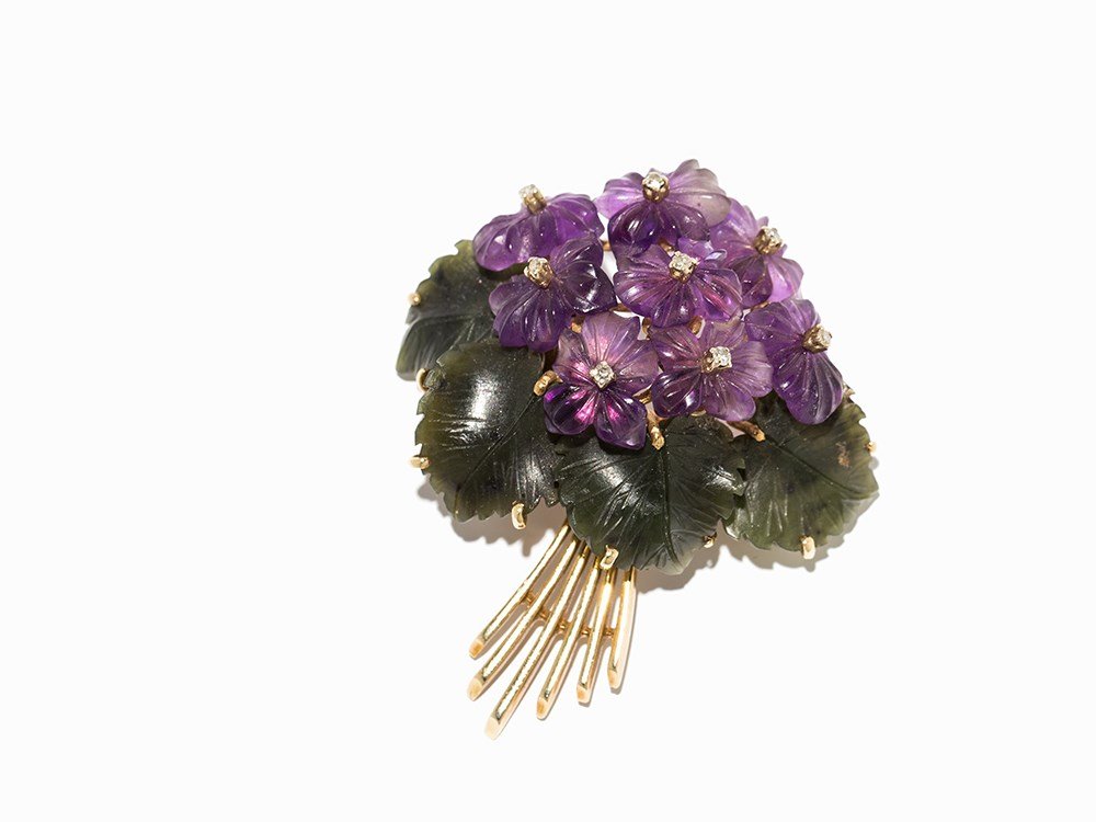 Violet Brooch with Diamonds, 14K Gold, Mid-20th C. (1 of 8)