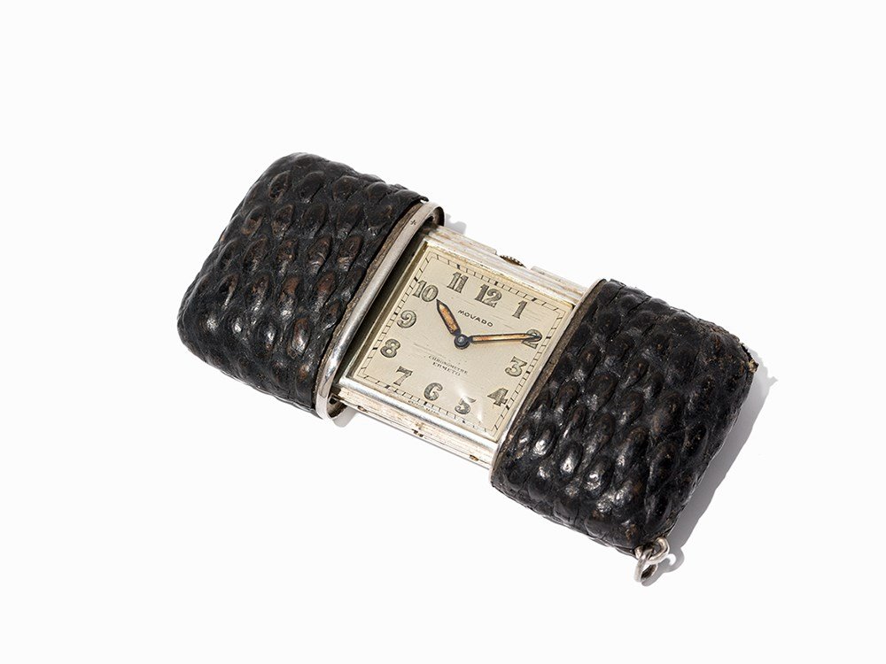 Movado Ermeto Chronometer Purse Watch, Switzerland,: Movado Ermeto chronometer purse watch Switzerland, around 1940 Manual wind movement, Movado calibre; hour, minute Silver dial, blued and one black hand Watch case of 935 silver, case of black leather
