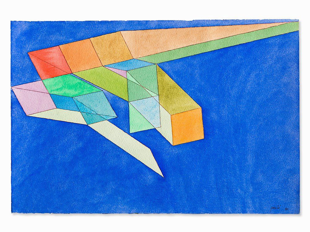 A. Perilli, Untitled (About Goethe’s Theory Of Colors),: Watercolor over red crayon and pencil on strong wove paper Italy, 1980/81 Achille Perilli (b. 1927) – Italian painter graphic artist Signed and dated ‘Perilli 80’ in black felt tip lower right V