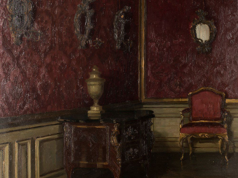 Fritz Bayerlein (1872-1955), Red Room, Oil, 20th C.: Oil on cardboard Germany, 20th century Fritz Bayerlein (1872-1955) – German painter Signed 'F. Bayerlein' lower left On the reverse signed and titled on a label 'F. Bayerlein / Rotes Zimmer (Nymphen