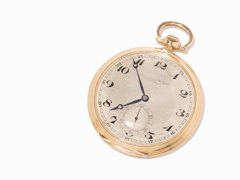 IWC Gold Open Face Pocket Watch, Switzerland, c. 1925: IWC gold open face pocket watch Switzerland, c. 1925 Crown wound, calibre 73; hour, minute, subsidiary second Silver dial, blued Breguet hands Watch case and movement casing of 14K gold Watch case no.