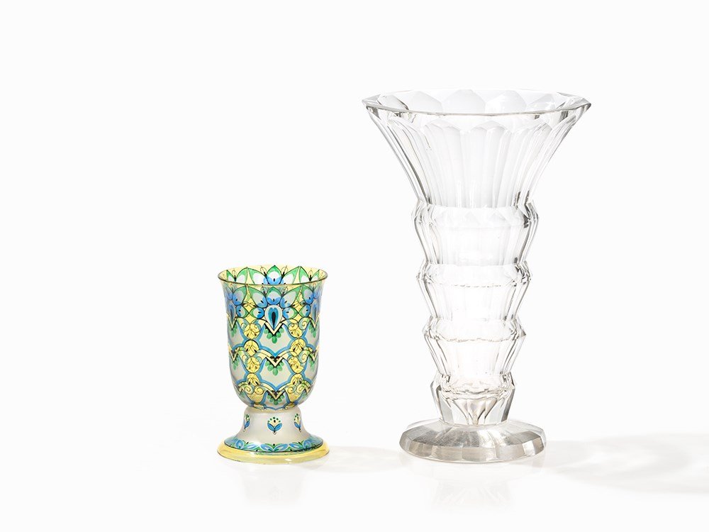 Art Deco, Haida Glass Goblet & Faceted Vase, Bohemia, (1 of 8)
