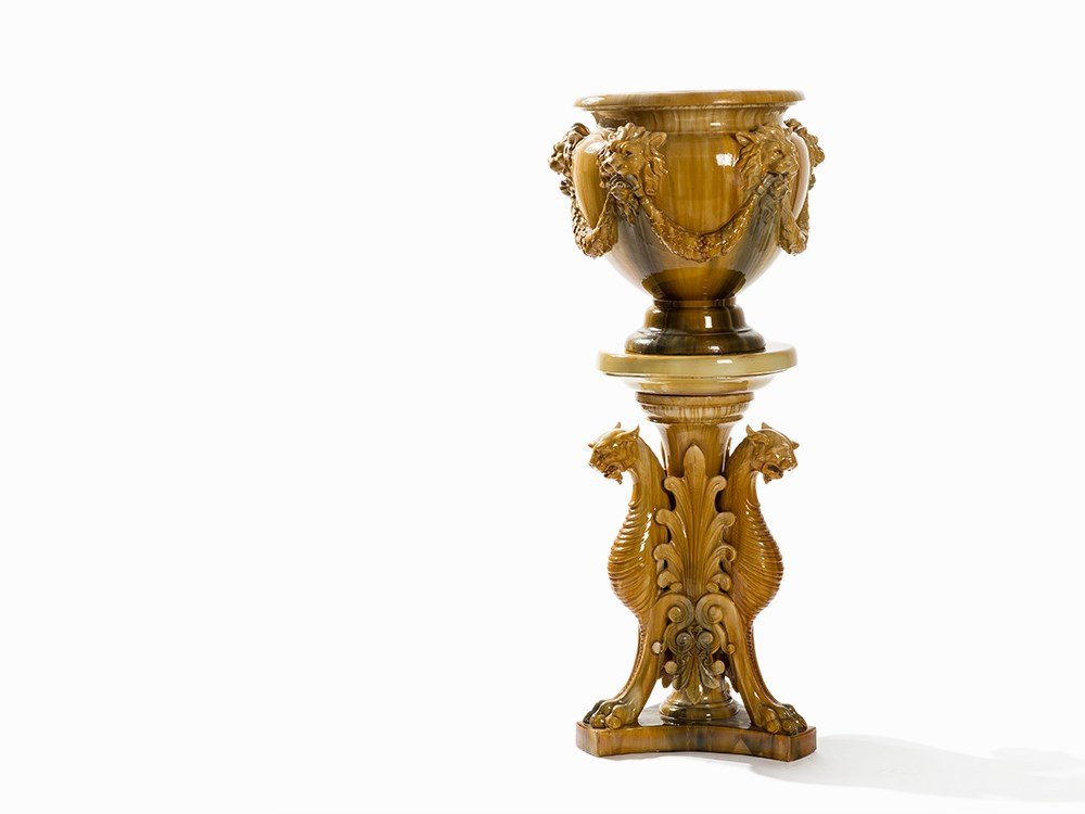 Clément Massier, Large Flower Stand, France, c. 1900: Ceramic, polychrome glazed Clément Massier (1845-1917) – French ceramist On a circular column with three feet a circular removable disc with a flattened baluster-shaped flower column The column dec