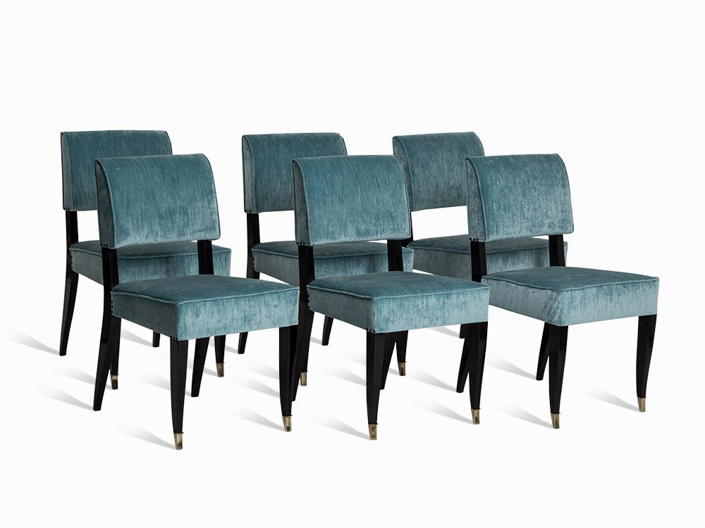 Alfred Porteneuve, 6 Chairs, Dennery, France, 1930s : Black lacquered wood, brass, upholstered, blue-green velours France, 1930s Design: Alfred Porteneuve (1896 - 1949) - French designer, exponent of the Art Deco Produced by: G.E.J. Dennery, Paris Dimens