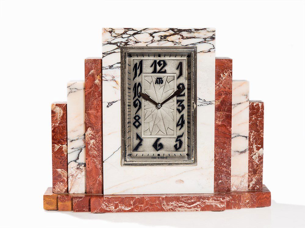 Léon Hatot, Electric ATO Mantel Clock with Marble Case,: Brass, glass, metal, marble Léon Hatot (1883-1953) – French clockmaker and factory owner Back plate signed ‘Léon Hatot’ as well as inscribed ‘Fabricants Paris Made in France’ and numbered