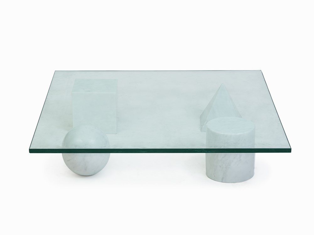 Vignelli for Casigliani, Coffee Table Metafora 1,: Marble, glass Design: Lella & Massimo Vignelli Execution: Casigliani, Italien Model: Metafora 1 Squared coffee table with feet in form of a pyramid, a cube, a cylinder and a ball Dimensions: 22 x 99 x