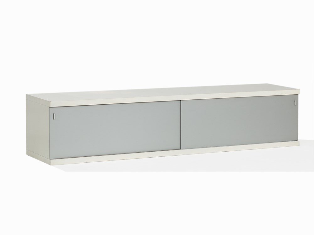 Horst Brüning, A Suspended Sideboard in White, Behr AG,: Laminated wood; aluminum, anodized Germany, 1967 Design: Horst Brüning (b. 1934) – German designer and interior architect Model: 1970s, Behr AG Sideboard with light grey sliding doors Interior sepa