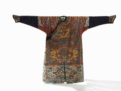 Embroidered Chestnut Silk Jifu Dragon Robe, China, c.: Embroidered Silk with light blue lining inside China, c. 1820-1830 The dragon robe (jifu) is richly embroidered with satin silks on chestnut coloured silk Decorated with nine five-clawed dragons cou