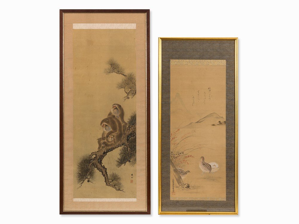Attrib. Tosa Mitsunari, Painting with Quails, 17th/18th: Ink and colors on silk Mounted with silk mat in a frame Japan, 17th/18th century Attributed Tosa Mitsunari (1646-1710) - Japanese painter Depicted are quails in the autumn grasses with a mountain in t