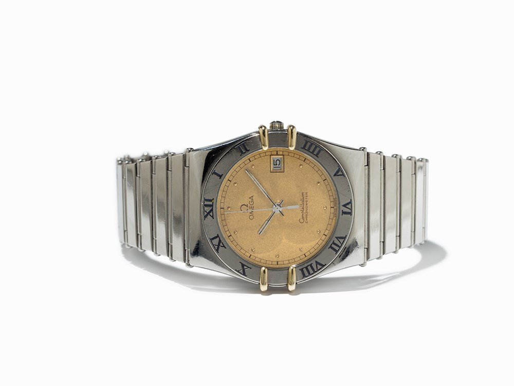 Omega Constellation Men’s Wristwatch, Switzerland,: Omega Constellation men’s wristwatch Switzerland, 2000s Quartz movement; hour, minute, second, date Gold dial, silver hands Lunette with Roman numerals Watch case, strap and folding clasp made of st