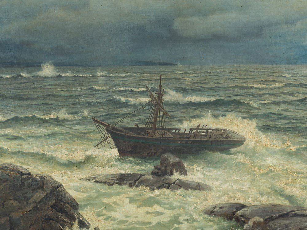 Hans Fredrik Gude, Shipwreck at the Coast, Oil, 1899: Oil on canvas Hans Fredrik Gude (1825-1903) – Norwegian painter and draftsman Signed and dated 'HGude 1899.' lower left Dimensions: 80.5 x 130 cm Gilt stucco frame: 118.5 x 169 cm Provenance: Privat