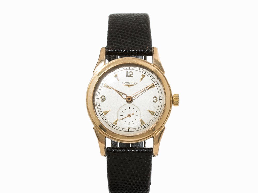 Longines Wrist Watch, c. 1950: Longines Wrist Watch Switzerland, c. 1950 Manual wind movement, Hour, minute, second Silver dial, gold hands with luminescent mass, small second Watch case of chromed nickel, watch case cover of stain