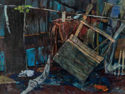 Monika Sosnowska, Untitled (Studio), Oil, c. 1995: Oil on canvas Monika Sosnowska (b. 1972) – Polish artist Signed lower right ‘MONIKA SOSNOWSKA' Dimensions: 95 x 130 cm Monika Sosnowska’s works are part of the Christian Boros Collection in Berl