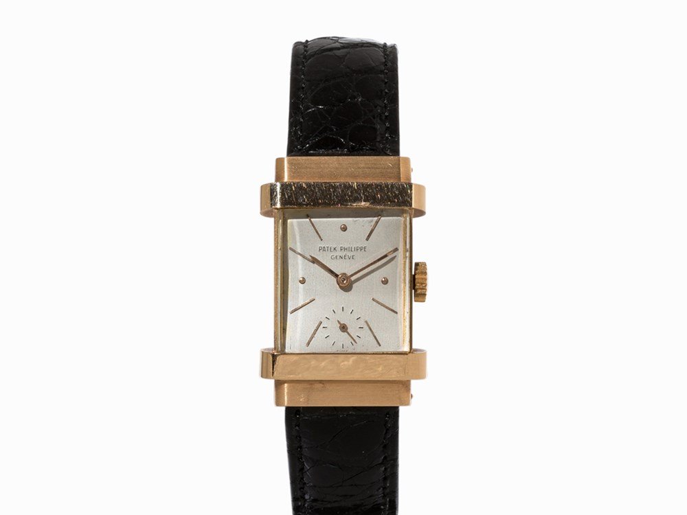 Patek Philippe Top Hat, Ref. 1450, um 1955: Patek Philippe Top Hat, ref. 1450 Switzerland, c. 1955 Manual wind movement, calibre 9-90; hour, minute, subsidiary second Silver dial, gold hands Watch case of 18K rose gold Black alligator leather s