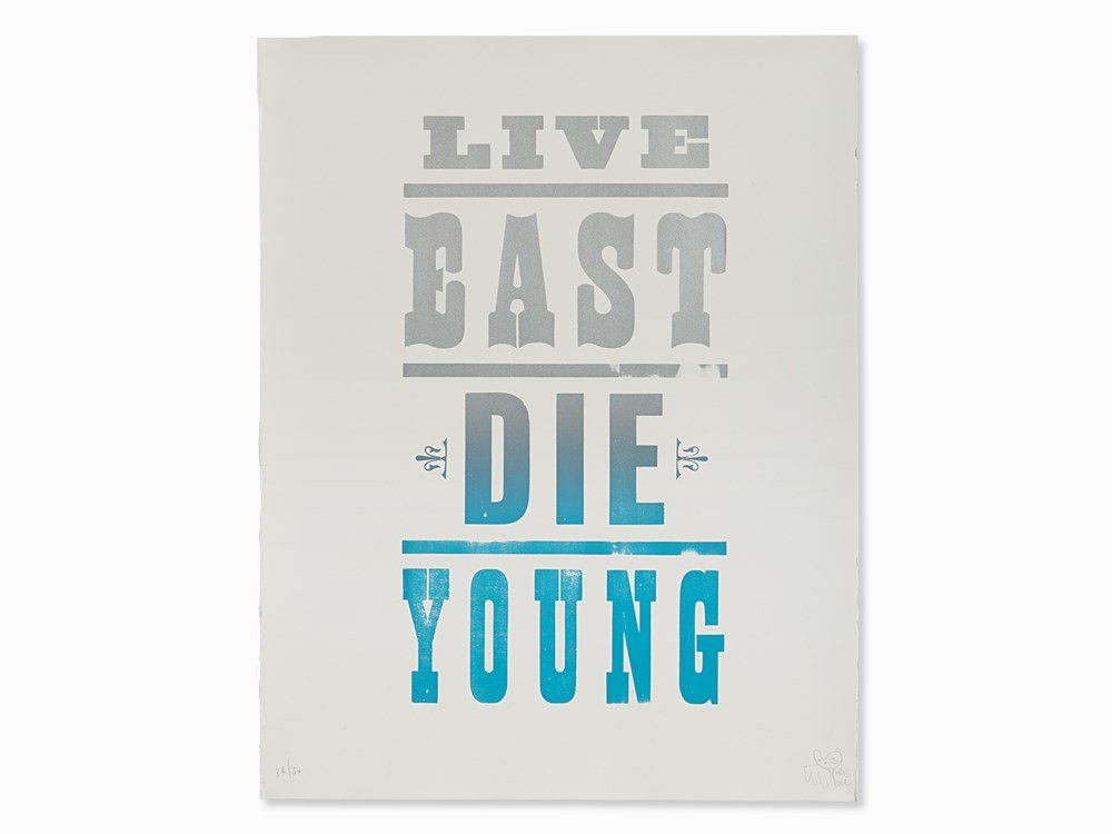 Pure Evil, Live East Die Young, Lithograph, 2010s: Lithograph in colors on cardboard Pure Evil (b. 1968) – British graffiti and street art artist Numbered ‘34/50’, signed ‘Pure Evil’ and with artist’s signet in pencil Sheet dimensions: 72