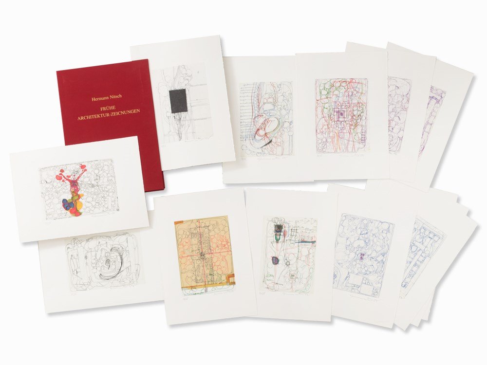 Hermann Nitsch, Frühe Architekturzeichnungen,: Portfolio comprising 13 Inkjet prints on wove paper, after drawings Hermann Nitsch (b. 1938) – Austrian painter and performance artist Each signed and dated “Hermann Nitsch 07” and numbered ‘3